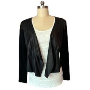 Beulah Black Faux/Vegan Leather Open Drape Front Jacket Blazer - LNC